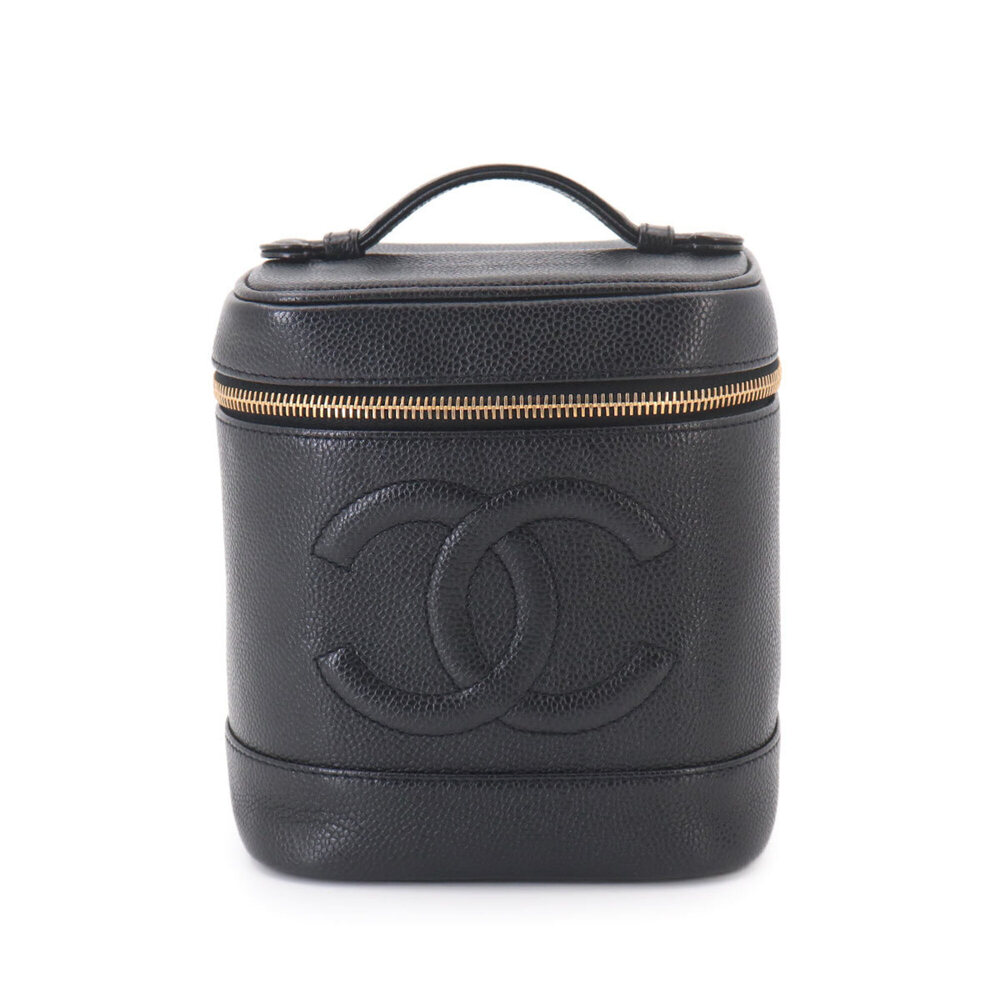 CHANEL Black Caviar Leather Logo Vanity Bag